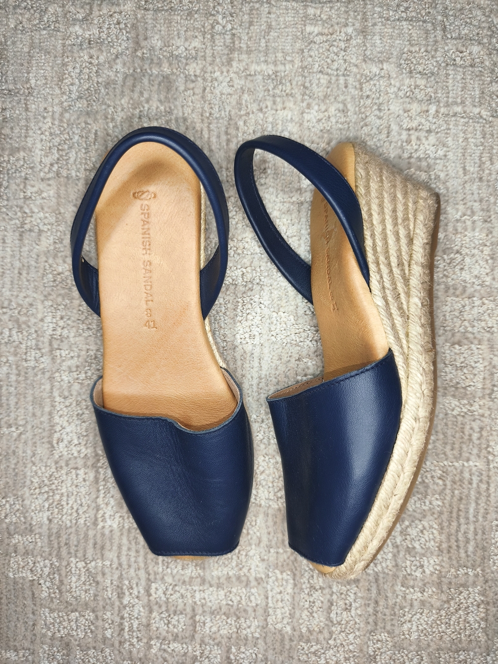 The Spanish Sandal Co Navy Blue Leather Espadrille Wedge Sandals Women 41 NWOB